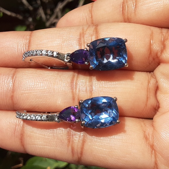 Jewelry - 925 Genuine Color Change Fluorite,  Untreated White Zircons and African Amethyst